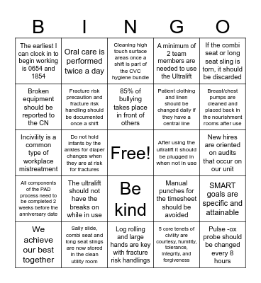 5 East Care Partner Class Bingo Card