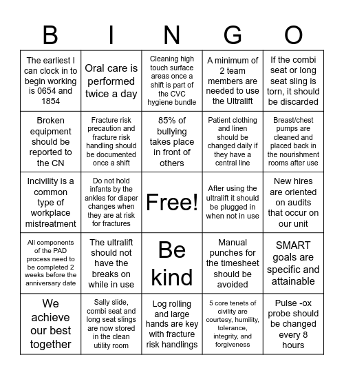 5 East Care Partner Class Bingo Card