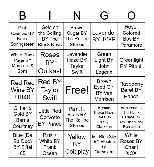 Name That Tune! Bingo Card