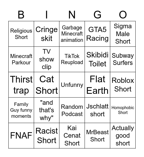 YouTube Shorts Bingo Card