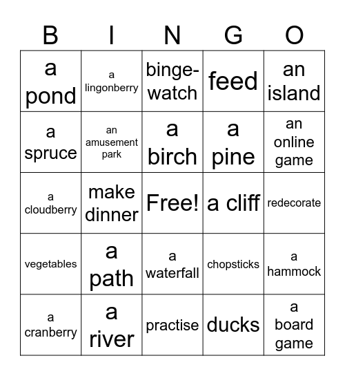 Nature and verbs Bingo Card