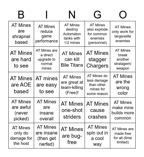 Helldivers AT Mine Bingo Card