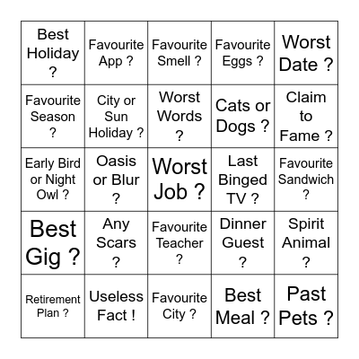 First Date Bingo Card