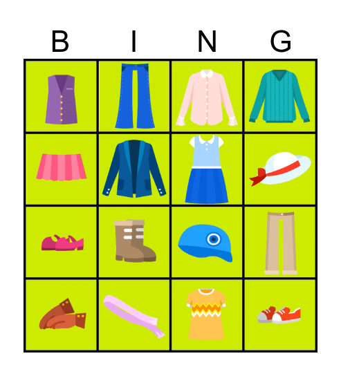 Clothes Bingo Card
