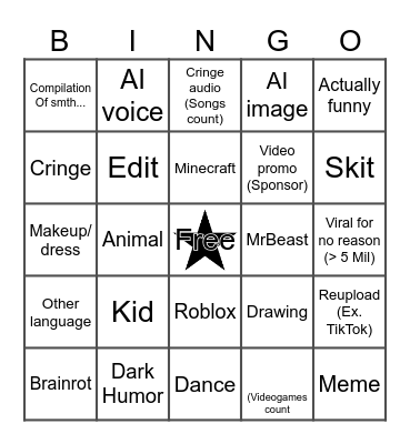 YouTube Shorts Bingo Card