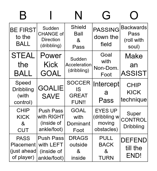 SOCCER SKILLS Bingo Card