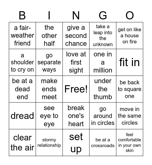 Idioms Relationships Bingo Card