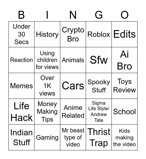 Random Youtube Video Bingo Card