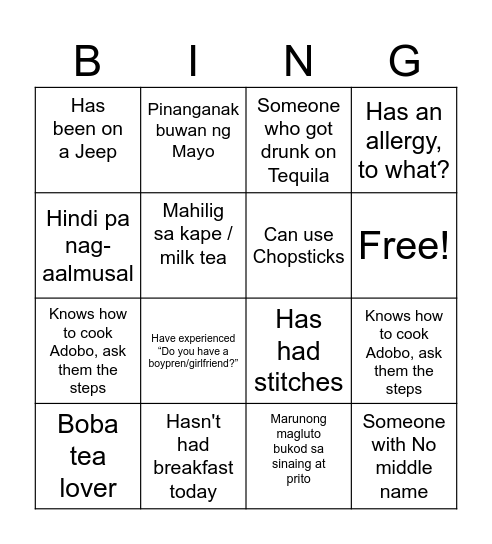 Filipino Human Bingo Card