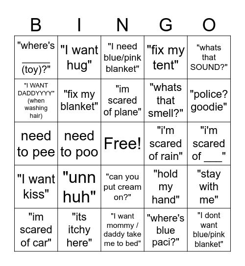 Katie's Bedtime Bingo Card