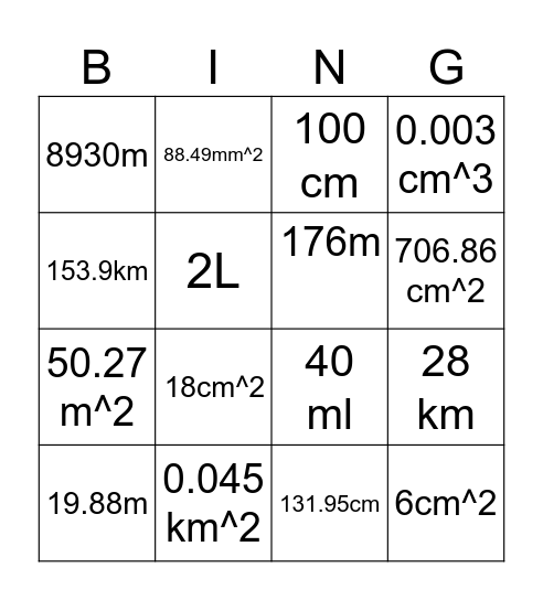 Length, Area and Volume Bingo Card
