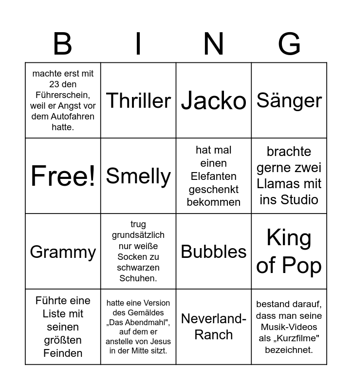 Michael Jackson…. Bingo Card