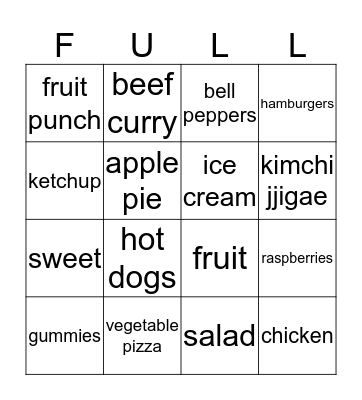 I'm Full!  Bingo Card