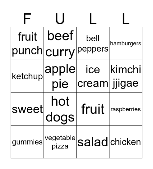 I'm Full!  Bingo Card