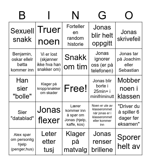 Jonas sin personlige bingo Card