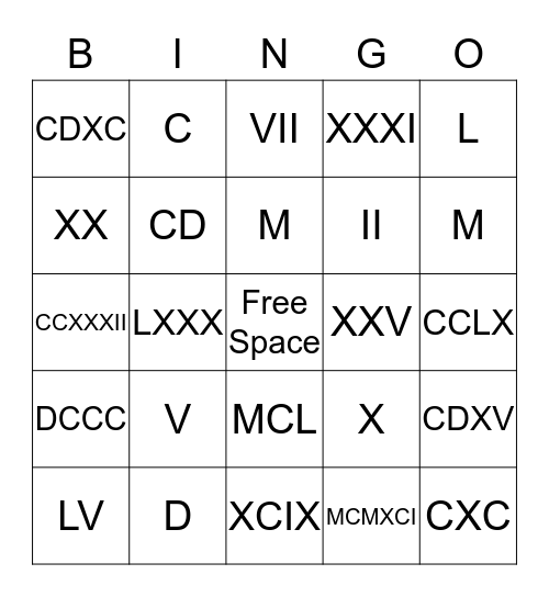 Roman Numeral Bingo! Bingo Card