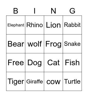 Animal Bingo Card