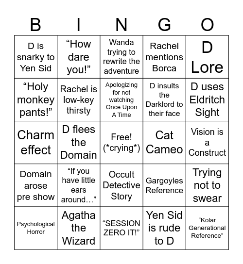 Wonderful World of Darklords: Wandavision Bingo Card