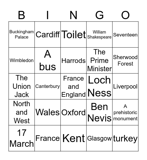 GREAT BRITAIN  Bingo Card