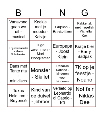 Muziekbingo groep 8 Bingo Card