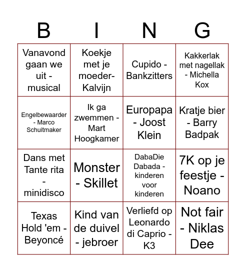Muziekbingo groep 8 Bingo Card