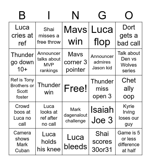 Mavs Thunder Drinking Game Bingo Card