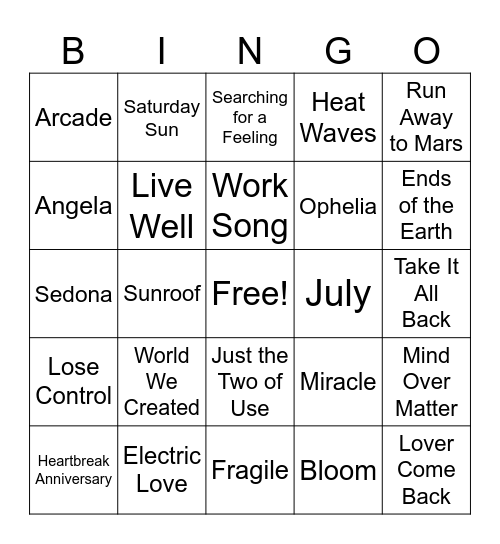 Sneak a Peek Playlist Bingo Card