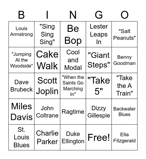 Jazz (ragtime, dixieland, big band, cool, be bop) Bingo Card