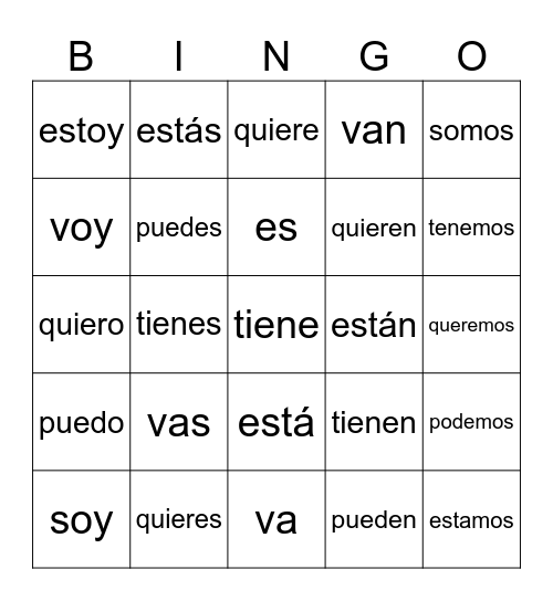 Super Six Verbs Bingo Card