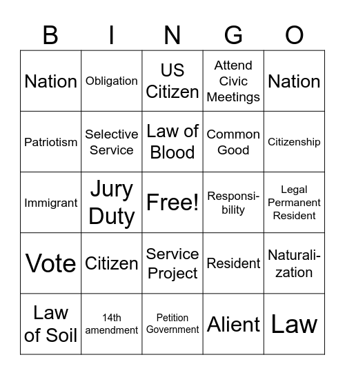 Citizenship Bingo Card