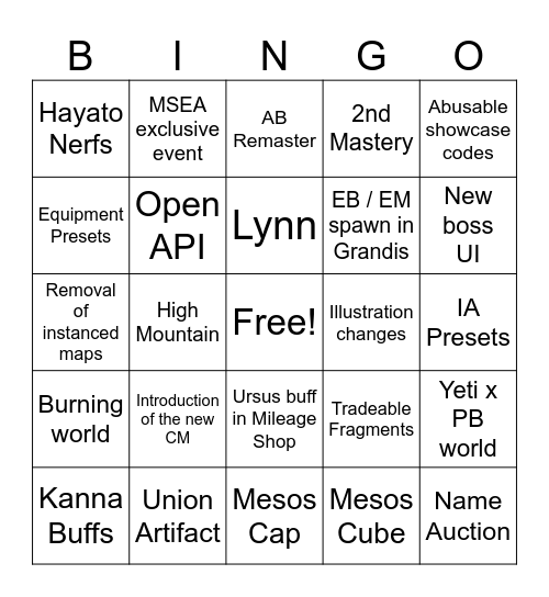 MapleSEA Dreamer Showcase Bingo Card