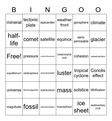 Earth Science Bingo Card