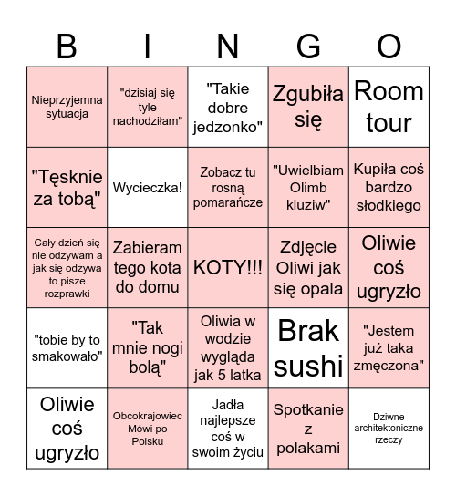 Oliwia na wakacjach Bingo Card