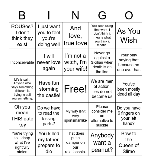 The Princess Bride Bingo Card