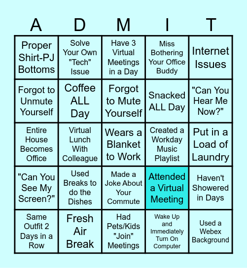 Work From Home Bingo Card