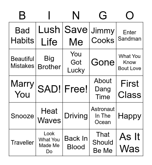 Music Bingo Card