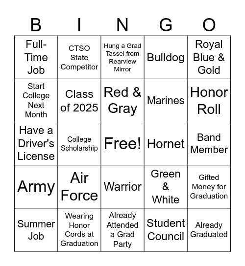 High School Graduation BINGO Card