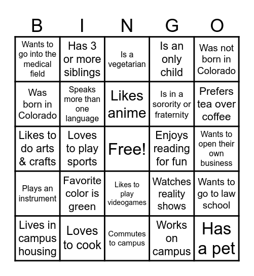 Meet & Greet Bingo Card