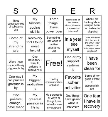 Recovery Bingo Card