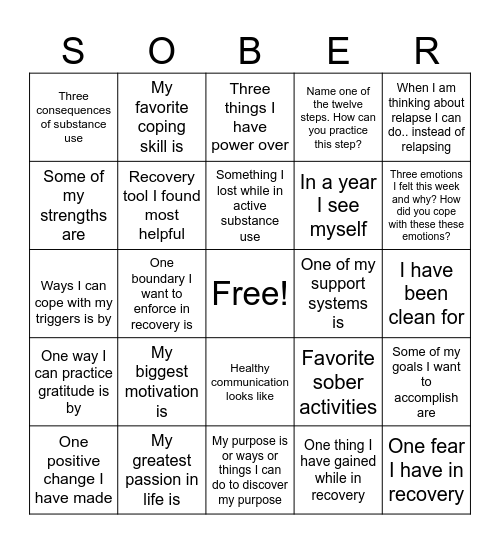 Recovery Bingo Card