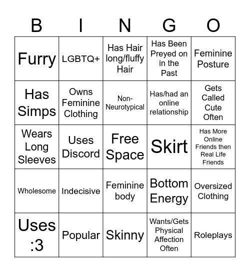 Femboy Bingo Card