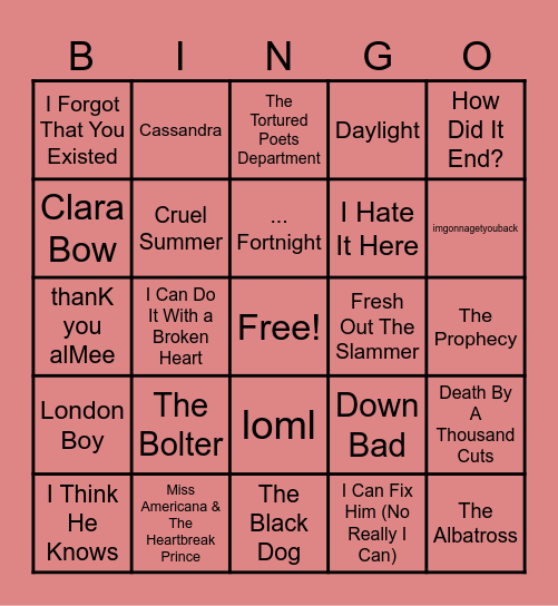 Taylor's Last Two Bingo Card