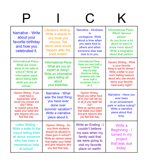 Choice PICK Bingo Card
