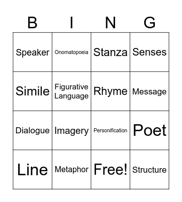 Poetry Bingo Card