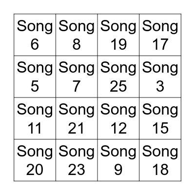 Songs Bingo Card