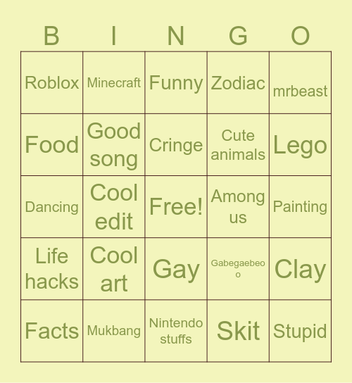 Youtube short Bingo Card