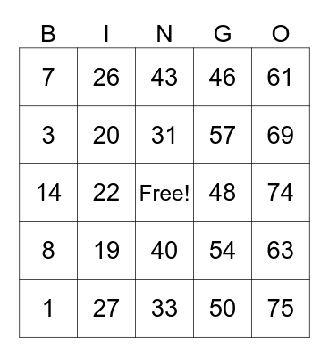Numbered Bingo 1-75: Tanya’s Card Bingo Card