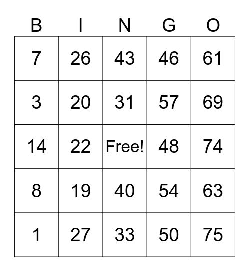 Numbered Bingo 1-75: Tanya’s Card Bingo Card