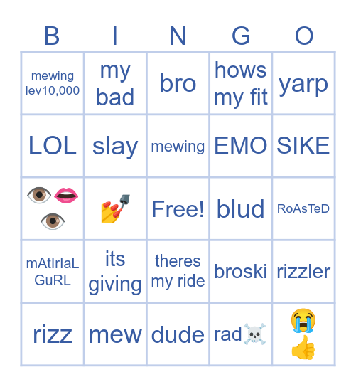 slang Bingo Card