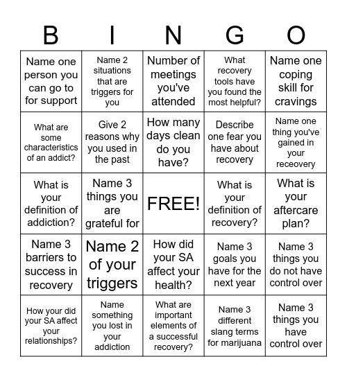 Recovery Bingo! Bingo Card